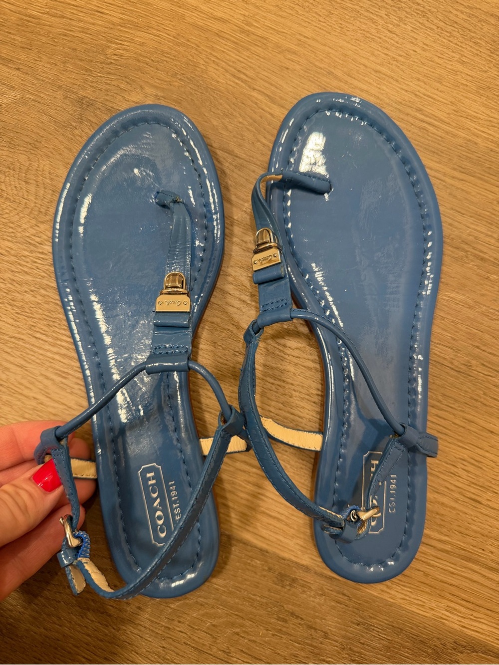 Coach Rosati Blue Patent Leather T Strap Sandals 6.5B Y2K